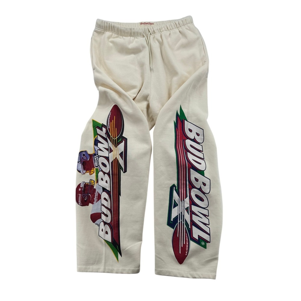 Budweiser Bud Bowl PacSun Sweatpants Mens Large Cream Excellent Graphic Joggers